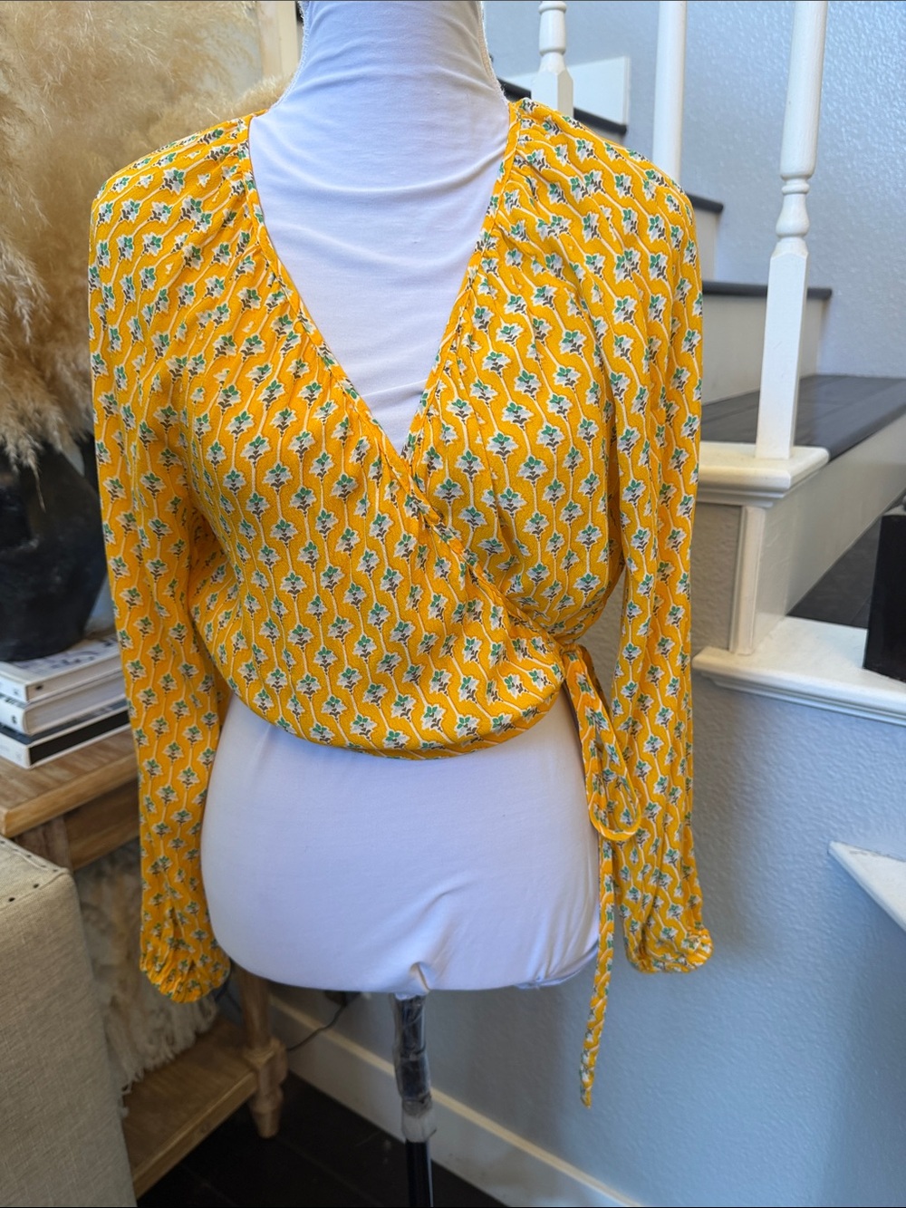 RHODE Dainty Lotus Print Wrap Top Yellow Green Floral Blouse Size Medium